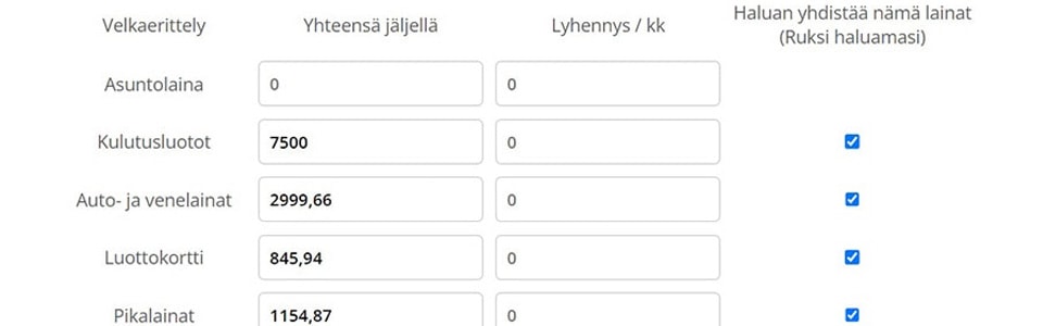 Yhdistelylaina hakemuksen kohdat